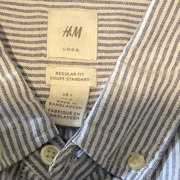 H&M LOGG Regular Fit Men's L Blue & White Striped Cotton Button Down Shirt 243L - Picture 5 of 6
